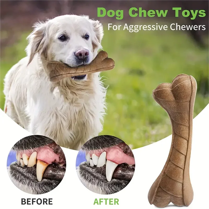A dog holding one of the chew toys